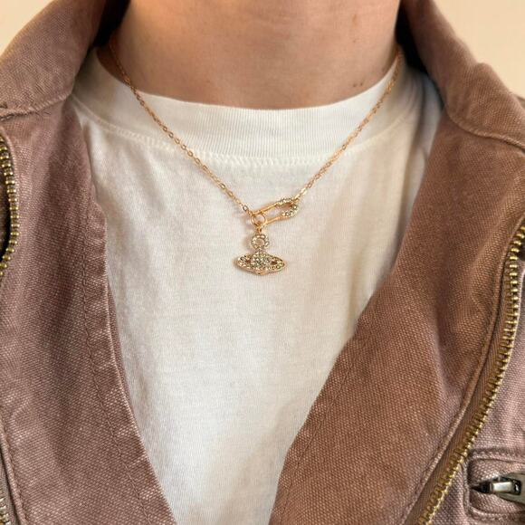 Y2K 2000s Rose Gold Iced Out Planet Necklace Unisex Vintage Chain New - Picture 8 of 10